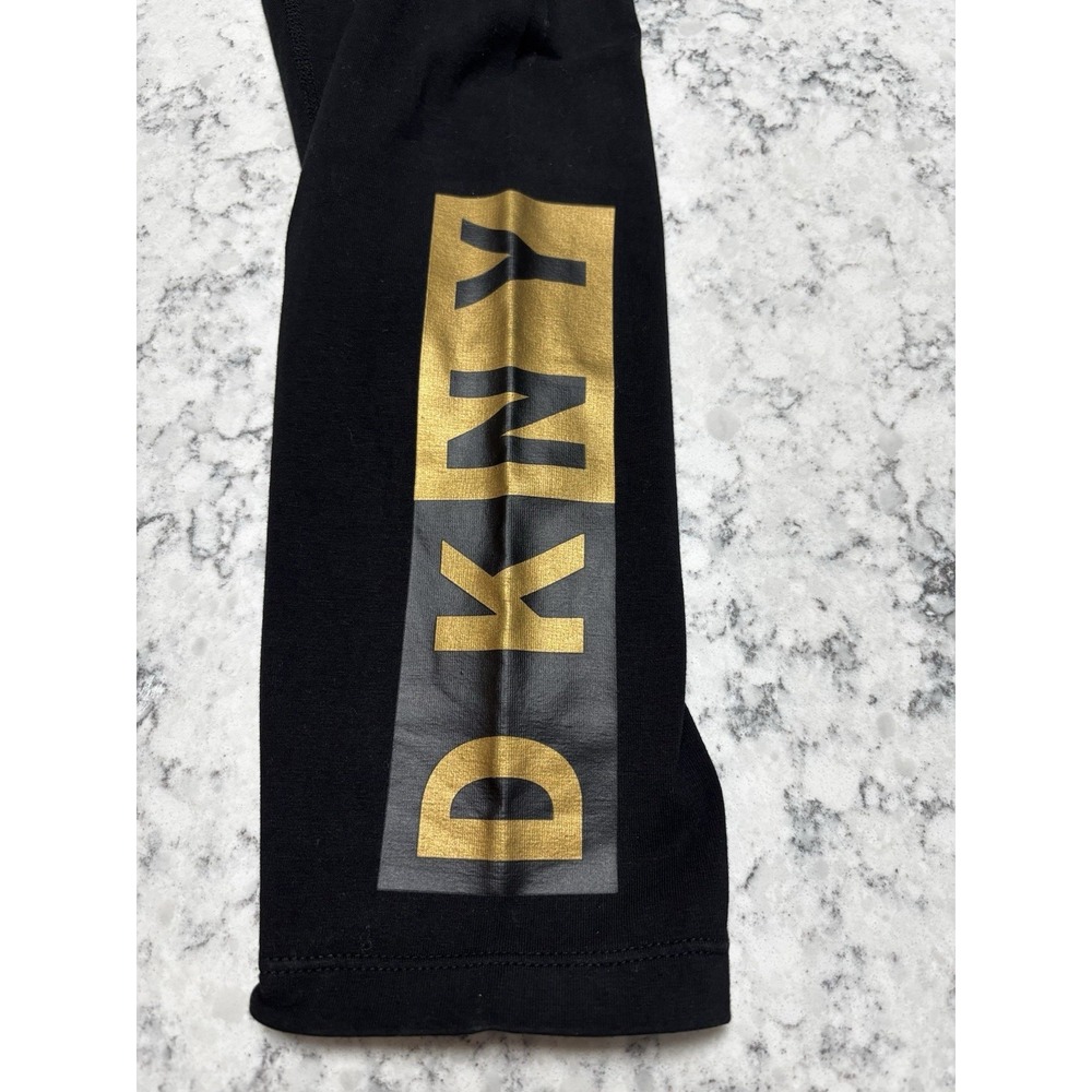 DKNY Sport Women's Black Leggings Size Large Gold Logo Stretch Athletic Pants - Picture 2 of 4
